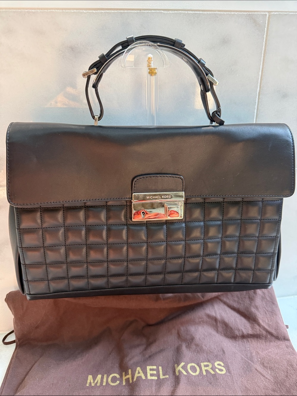 Michael Kors Collection Black Quilted Leather Briefcase with Top Handle